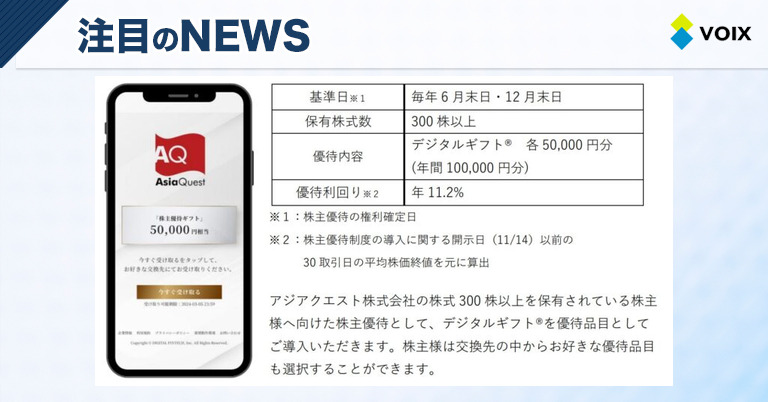 アジアクエスト株式会社が株主優待にデジタルギフト®を導入し利便性向上を目指す取り組み